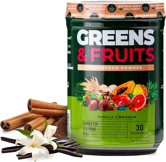 Nutrology Greens & Fruits Powder-Naturally Sourced Superfood, Beet Powder, Mushroom Blend, Probiotics, Digestive Enzymes, Fiber, Antioxidants, Immune Support, Gluten Free - Vanilla Cinnamon