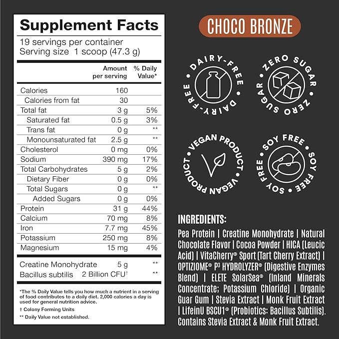 Falcon Performance Vegan Protein Powder, 31g Protein, 5g Creatine, 5g BCAA, Probiotics, Electrolytes, Pre Workout, Low Carb, Sugar Free & Dairy Free, Plant Based Chocolate Protein -19 servings