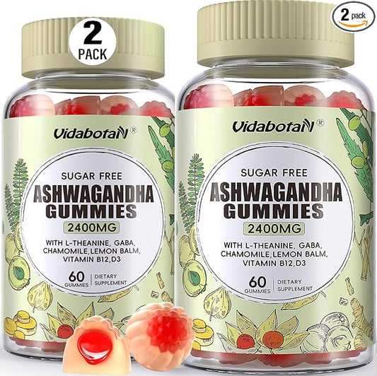 2 Pack Sugar Free Ashwagandha Gummies 2400mg for Women & Men, Ashwagandha Gummy with L-theanine, GABA, Lemon Balm for Calm,Zzzs and Energy Support, Mixed Berries Flavor 120 Count