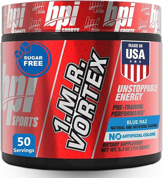 BPI Sports 1.M.R Vortex Pre Workout Powder – High Stim Preworkout for Men & Women with Glycerol, Caffeine, Niacin, and Herbal Extracts – Energy, Focus & Endurance – Blue Raz Flavor – 50 Servings