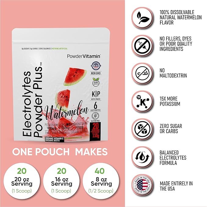 Electrolytes Powder Plus (20 Servings) Watermelon Electrolyte Powder Zero Calorie Keto,0 Sugar, No Maltodextrin,1000mg Potassium,120mg Calcium,120mg Magnesium, Pink Himalayan Salt