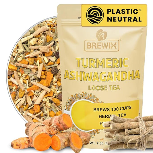 BREWIX, Turmeric Ashwagandha Herbal Tea Loose Leaf (100+ Cups, 7.05oz/200g) Real Ingredients From India, Caffeine Free & Naturally Gluten Free