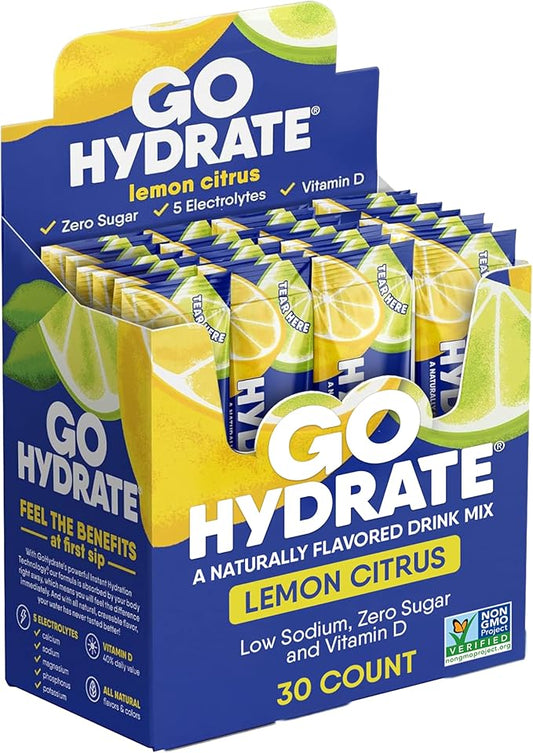 GoHydrate Instant Hydration Powder Packets - Low Sodium Electrolytes Drink Mix - Natural Hydration Support, Sugar Free Electrolyte Flavored Powder Drink with Vitamin D, 30 Packs, Lemon Citrus