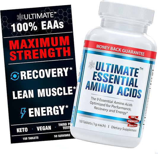 Ultimate 100% Essential Amino Acid Supplement - 150 Easy-to-Swallow, 1g Coated Tablets - All 9 EAA with 40% Leucine in Optimized BCAA Ratio - Increase Energy, Lean Muscle & Recovery - Keto & Vegan