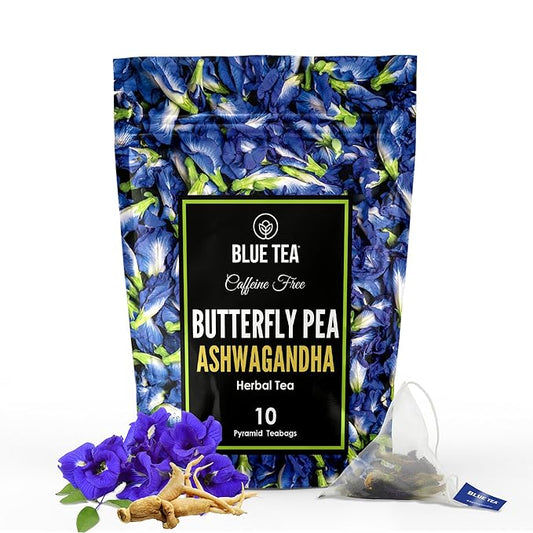 BLUE TEA - Butterfly Pea Flower Tea - Ashwagandha - 10 Count - Pyramid Plant Based Tea Bag | ANTIOXIDANT RICH | Caffeine Free - Flower Based - Non-GMO - No Additives | Zipper Packaging