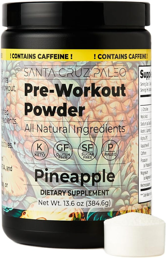 Santa Cruz Paleo Natural Pre Workout Powder, Pineapple, Keto Preworkout with Electrolytes, Magnesium, Potassium, L-Citrulline, 150mg Caffeine, Sugar Free Drink Mix for Energy & Hydration, 30 Servings