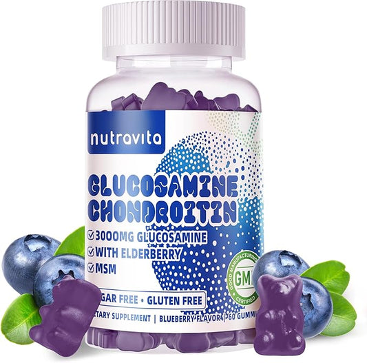 Glucosamine Chondroitin Gummies with MSM & Elderberry Extra Strength - Joint Support, Antioxidant Immune Support Supplement for Adults, Men & Women.60 Blueberry Chews