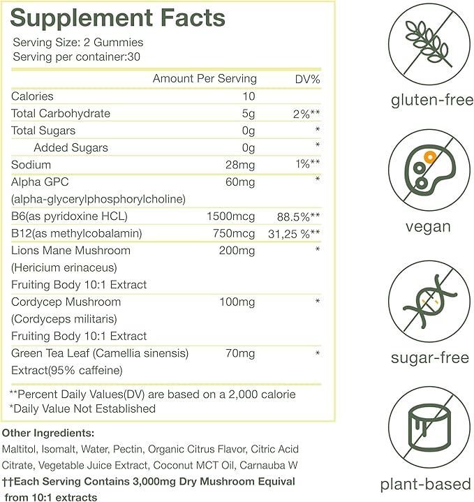 Focus Mushroom Gummies, Boost Brain Health, Productivity, Mental Clarity, Sugar-Free, Gluten-Free, Vegan with Lion’s Mane, Cordyceps, Green Tea & Multivitamin, Citrus Flavor, 60 Count