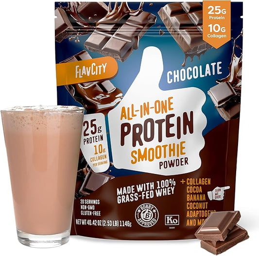 FlavCity Grass Fed Whey Chocolate Protein Powder - 25g Protein & 10g Collagen - Made with Organic Cocoa, Bananas & Coconut Milk - Gluten Free & No Added Sugars (20 Servings)