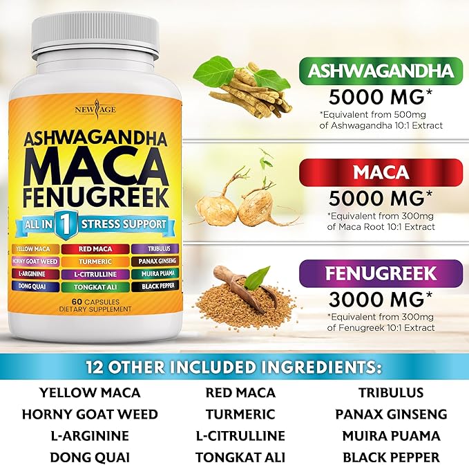 NEW AGE Ashwagandha Maca Root Fenugreek Supplement with Tongkat Ali Ginseng - Assists with Overall Health - Made in USA - 120 Count