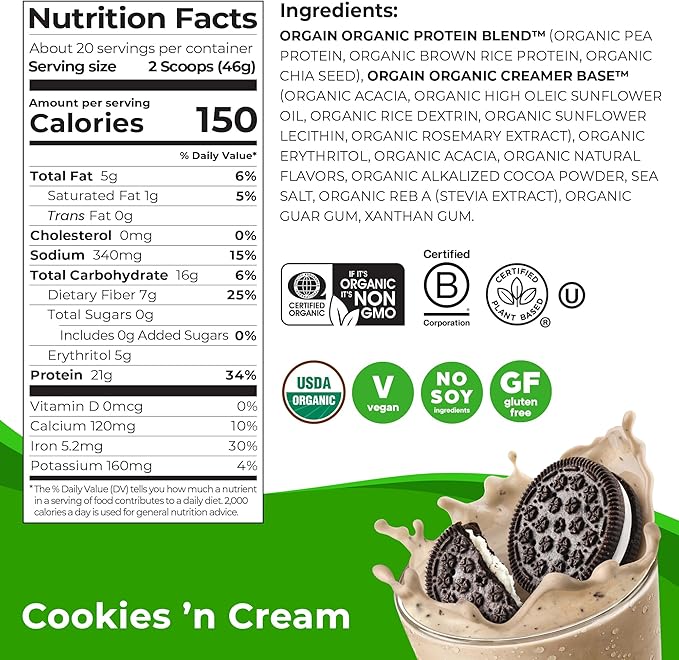 Orgain Organic Vegan Protein Powder, Cookies 'n Cream - 21g of Plant Based Protein, Low Net Carbs, Gluten Free, Lactose Free, No Sugar Added, Soy Free, Kosher, Non-GMO, 2.03 Lb