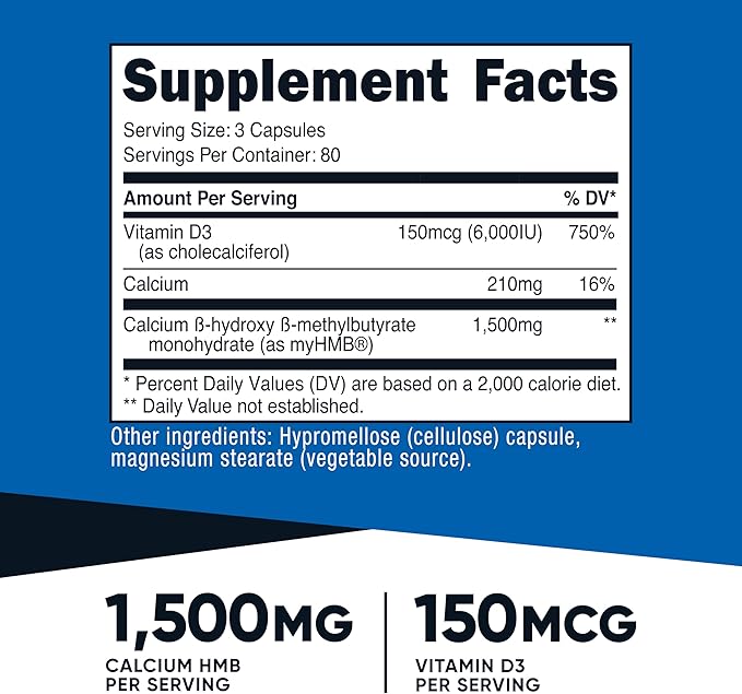 Nutricost HMB (1500mg) and Vitamin D3 (6000 IU) Supplement - 240 Capsules, 80 Servings - Gluten Free and Non-GMO