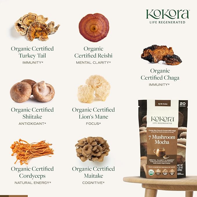 7 Mushroom Mocha - Organic Adaptogenic Mushroom Powder - Including Turkey Tail & Lions Mane - Energizes & Promotes Mental Clarity* - Vegan, Gluten Free, No Added Sugar - 20 Servings - 120g