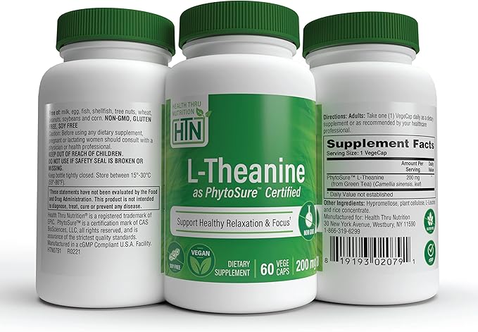 Health Thru Nutrition L-Theanine 200mg 60 Vegecaps PhytoSure Certified | Supports Healthy Relaxation & Focus | 3rd Party Tested | Clean Label, Non-GMO, Gluten & Soy Free, Hypoallergenic