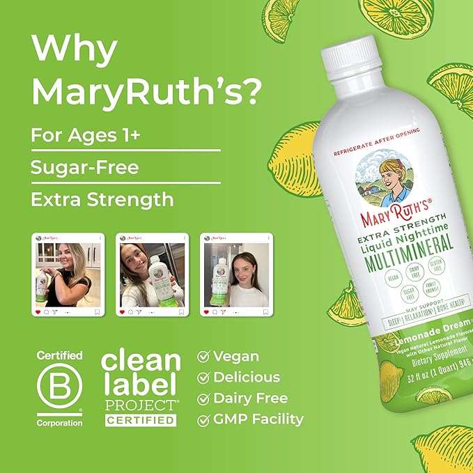 MaryRuth's Extra Strength Nighttime Liquid Multimineral | Sugar Free | Calm Magnesium Citrate | NO Melatonin | Calcium Magnesium Zinc | Muscle Relaxation | Lemonade Flavor | Vegan | 32 Servings