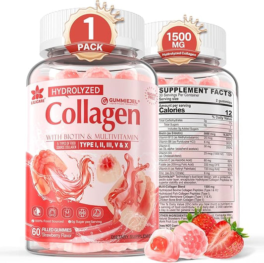 Collagen Peptide Gummies for Women & Men Sugar-Free, Multi Collagen Hydrolyzed w/ 1500mg Protein Type I,II,III,V,X, 5000mcg Biotin, Methylated B12, Vitamin C A E D3 B6 for Skin Hair Nails, Bone, 60Cts
