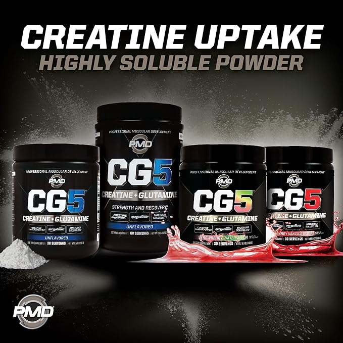 PMD Sports CG5 Premium Creatine & L Glutamine Powder, Power Recovery, Build Lean Muscle, Increase Workout Performance, Maximum Strength Pre Workout & Post Workout, Strawberry Watermelon, 30 Servings