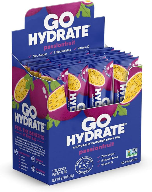 GoHydrate Instant Hydration Powder Packets - Low Sodium Electrolytes Drink Mix - Natural Hydration Support, Sugar Free Electrolyte Flavored Powder Drink with Vitamin D, 30 Packs, Passion Fruit