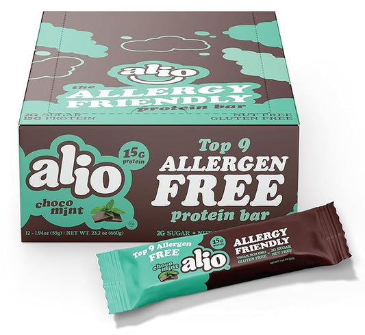 Alio: Choco Mint - Top 9 Allergen Free Protein Bar | High Protein | Nut Free | Low Calorie | Vegan | Gluten Free | non-GMO | Plant Based | Amazing Taste! 12 Bars in a Box!