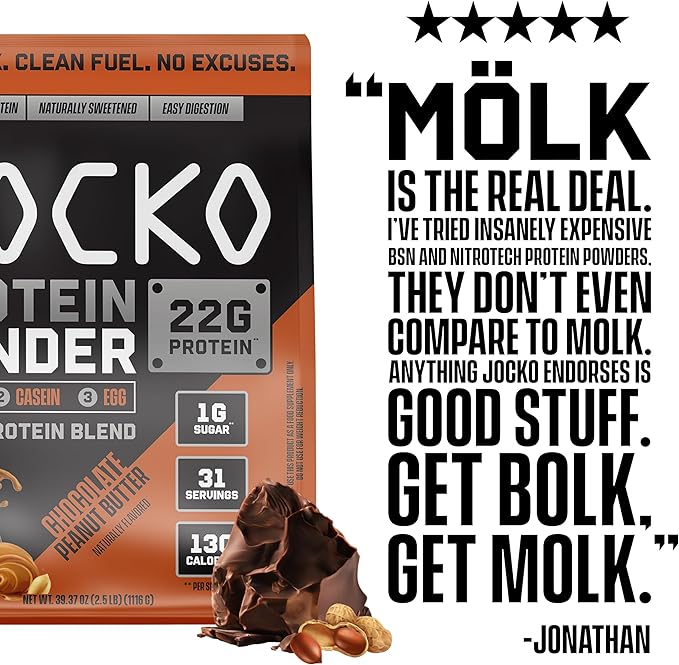 Jocko Fuel Mölk Whey Protein Powder 22g Low Sugar Monk Fruit Blend - Muscle Recovery & Growth, Packaging May Vary (31 Servings, Chocolate Peanut Butter)