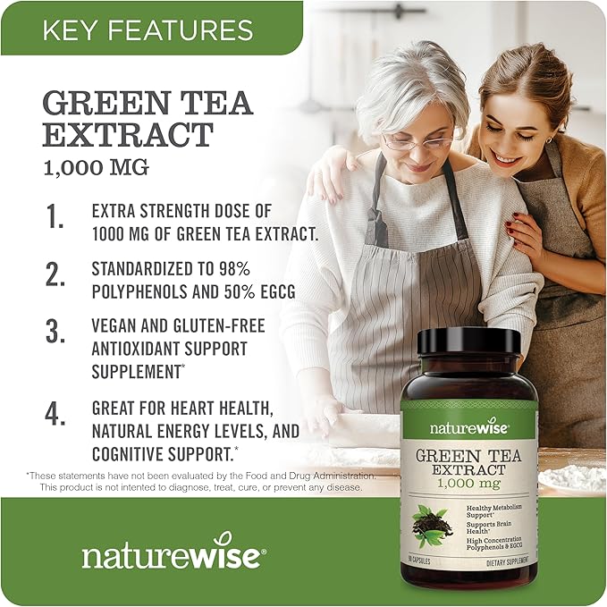 NatureWise Green Tea Extract Capsules 1000 mg - 50% EGCG & 98% Polyphenols - Extra Strength Antioxidants for Heart Health and Energy - Vegan, Gluten Free, Non-GMO - 90 Count[45-Day Supply]
