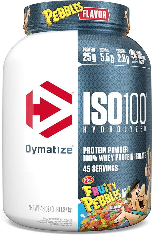 Dymatize x Fruity Pebbles ISO100 Whey Protein Powder Isolate, 25g of Protein, 45 Servings, 5.5g BCAAs, 120 Cal., Gluten Free, 1g Fat, 1g Sugar, 2g Carb