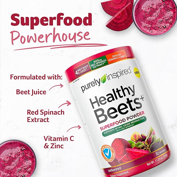 Purely Inspired Healthy Beets Superfood Powder, Unflavored - Super Beet Root Powder with Red Spinach Extract, Vitamin C & Zinc for Immune Support - Supports Nitric Oxide Production for Men & Women