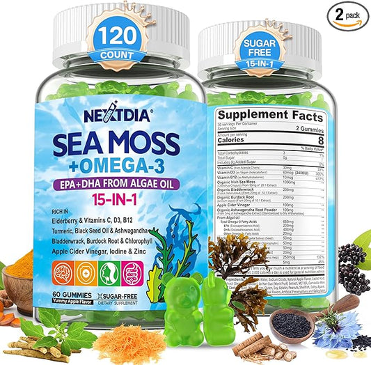 Sea Moss Gummies + Omega-3 Vegan for Man Women, Organic Irish Seamoss Supplement w/Ashwagandha, Turmeric, Elderberry, Vitamins D3 B12 C, Burdock Root, Bladderwrack, for Brain, Energy, Immunty, 120Cts