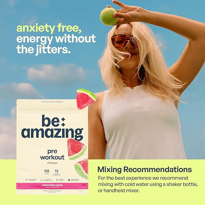 Be Amazing Pre-Workout Powder | Vegan Energy Booster Powdered Drink with All-Natural Caffeine, No Crash, No Jitters Gluten-Free Supplement with Adaptogens | Watermelon Candy, 30 Scoops