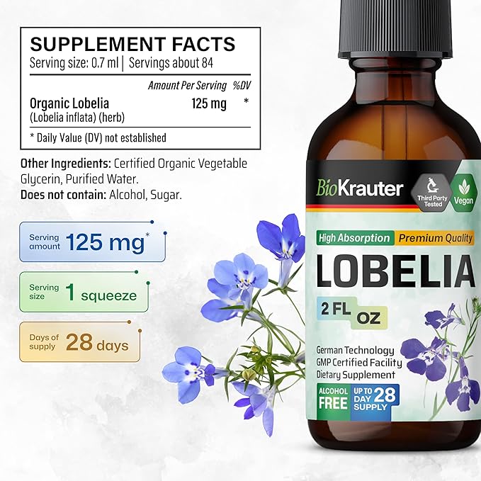 BIO KRAUTER Lobelia Tincture - Vegan Lobelia Extract - Alcohol & Sugar Free Respiratory Support Supplement - 2 Fl.Oz.