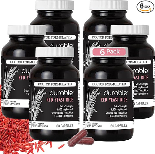 Durable Red Yeast Rice - Enhanced with CoQ10, Extra Strength Management, Heart Health, Healthy Blood Flow - 1600mg Organic Red Yeast Rice + 50 mg KanekaQ10 CoQ10 - (60 Count (Pack of 6))