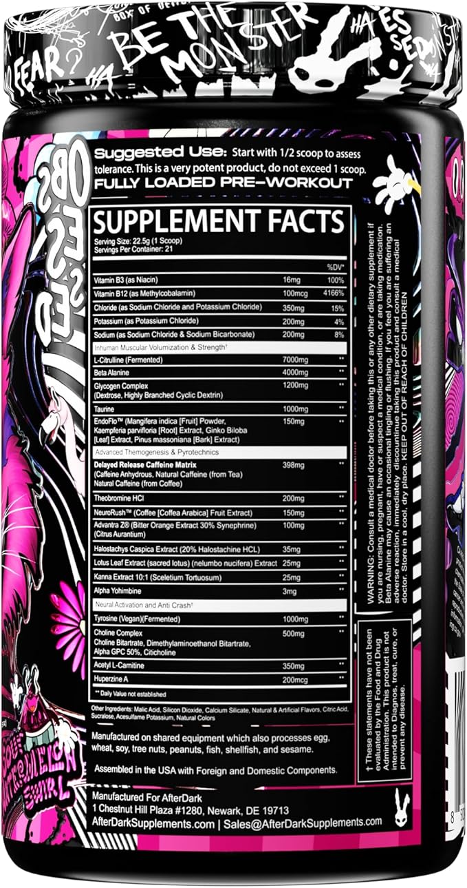 AFTERDARK INHUMAN Void Pre-Workout Powder, Enhanced Mind-Muscle Connection, Sustained Energy, Potent Nootropic Blend, Vegan, Gluten-Free, Soy-Free, 400mg Caffeine, No Crash, Sour Watermelon Swirl