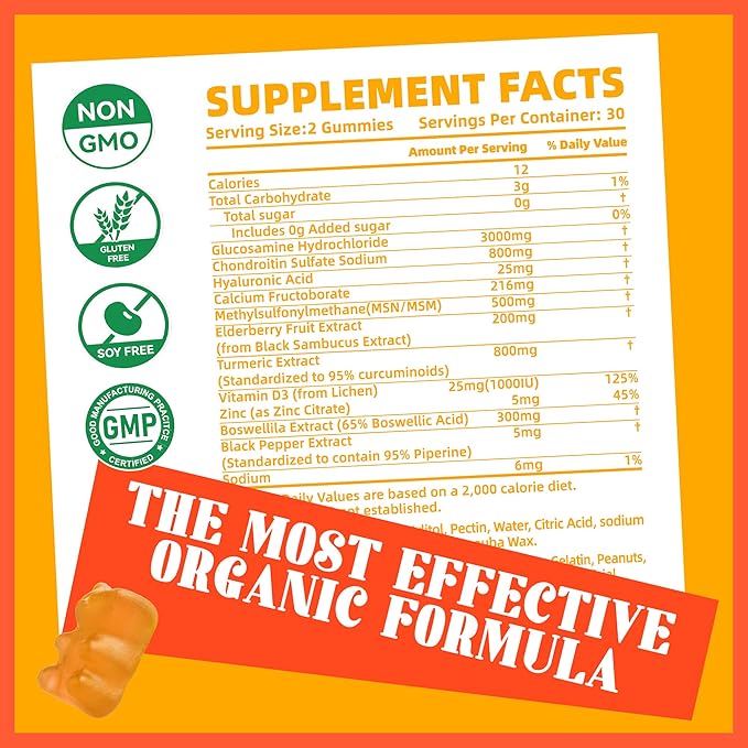 Glucosamine Chondroitin Gummies with MSM & Elderberry Extra Strength - Joint Support, Antioxidant Immune Support Supplement for Adults, Men & Women.(2 Pack) Orange