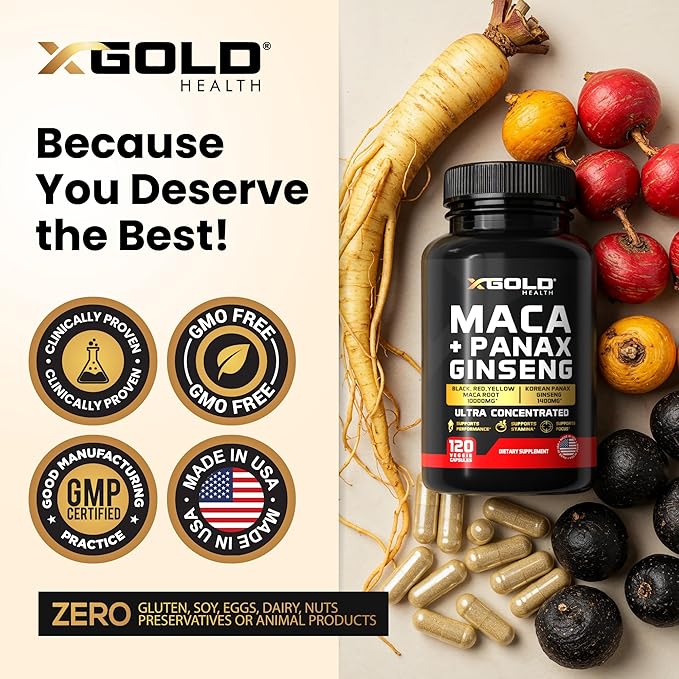 Maca Root Capsules 10,000mg + Korean Panax Ginseng 1,400mg - 20x Concentrated Extract Black + Red + Yellow Maca Root, 10x Concentrated Extract Panax Ginseng Capsules - Ultra Potent & Highly Purified