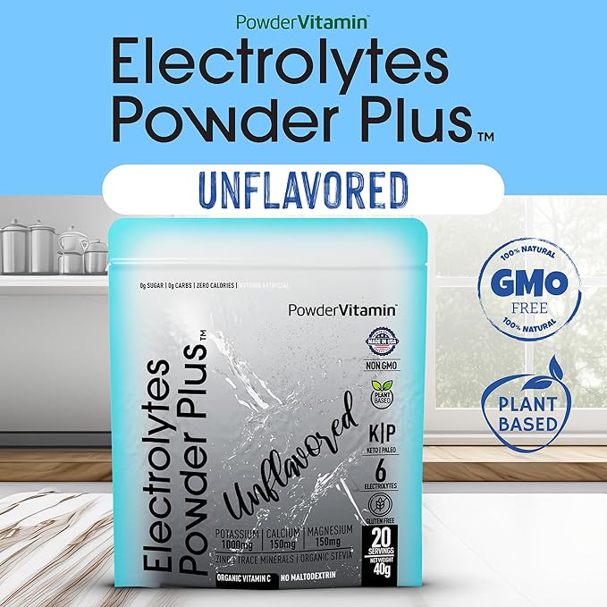 Electrolytes Powder Plus (20 Servings) Unflavored Electrolyte Powder Keto, Sugar Free, Pink Himalayan Salt.,1000mg Potassium,150mg Calcium,150mg Magnesium, Hydration Powder Organic STEVIA