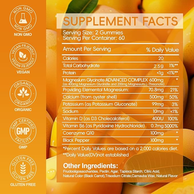 Magnesium Glycinate Gummies 600mg, Chewable Sugar Free Potassium Magnesium Gummies with Magnesium Glycinate, Vitamin D, B6 and CoQ10 for Sleep, Relaxation, Brain & Muscle, 120 Count