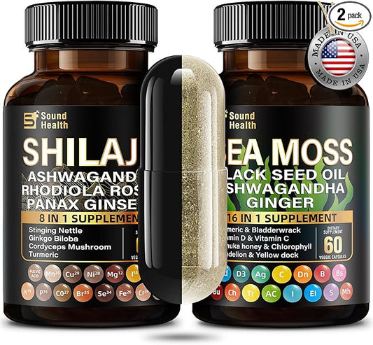 Wild Organic Irish Sea Moss and Shilajit - 8000mg Sea Moss, 10000mg Shilajit, Ashwagandha 2000mg, Ginseng, Vitamin C, Vitamin D3, Black Seed Oil - 2 Bottles of 60 Capsules