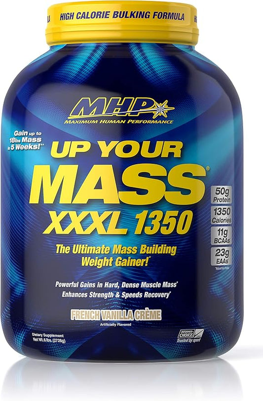 Maximum Human Performance MHP UYM XXXL 1350 Mass Building Weight Gainer, Muscle Mass Gains, w/50g Protein, High Calories, 11g BCAAs, Leucine, French Vanilla Creme, 8 Servings