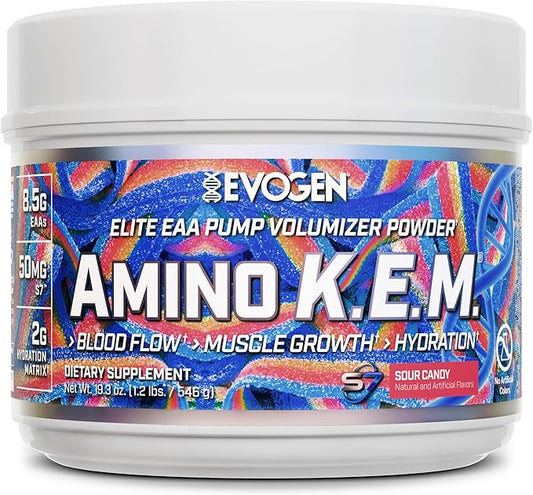 Evogen Amino K.E.M. - EAA & BCAA Powder Pump Volumizer | BCAAs Amino Acids Supplement for Blood Flow, Muscle Growth, & Hydration | Sour Candy | 30 Servings