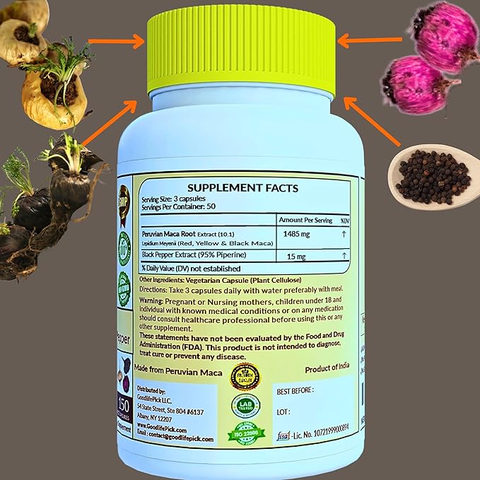 Peruvian Maca Root Capsules 150 ct. Powerful Maca Blend of Yellow Red & Black Maca Root with Black Pepper. All Natural NonGMO Vegan No Stearate No Rice Powder No Silica No Filler