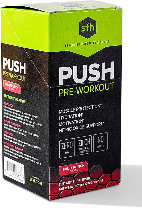 SFH Push Pre-Workout Powder (Fruit Punch) Best Tasting 5g BCAA's for Muscle Repair | Non-Dairy, No Artificial Flavors, Colors, or Sweeteners (Pack of 10 Single Serves)