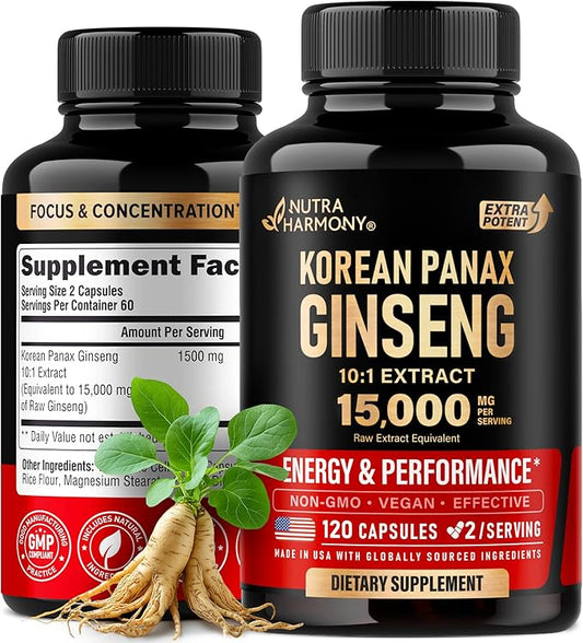 Panax Ginseng 15,000 mg - Red Korean Ginseng Supplement for Men - Extra Strength 10:1 Extract - Energy, Focus, Productivity & Performance - Natural & Vegan - Made in USA - 120 Capsules, 2 Month Supply