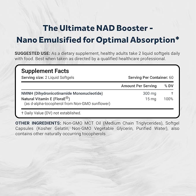 NMNH (Dihydronicotinamide Mononucleotide) 300mg Per Serving - May Better Enhance NAD+ Levels & Support - Nano Emulsified in MCT Oil for Better Absorption - 120 Softgels