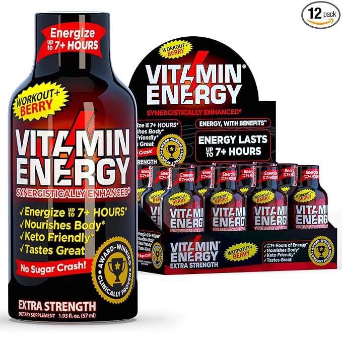 Vitamin Energy Workout+ Extra Strength Daily Energy Shot – Berry – 260mg Natural Caffeine, B-Vitamins – Pre-Workout & Endurance Support – Zero Sugar, Vegan, Kosher – 1.93 fl oz, 12-Pack
