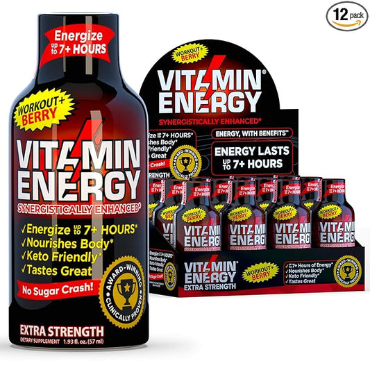 Vitamin Energy Workout+ Extra Strength Daily Energy Shot – Berry – 260mg Natural Caffeine, B-Vitamins – Pre-Workout & Endurance Support – Zero Sugar, Vegan, Kosher – 1.93 fl oz, 12-Pack