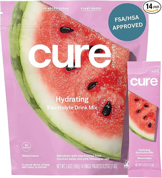 Cure Hydration | Plant-Based Electrolyte Drink Mix | No Added Sugar | FSA & HSA | Dehydration Relief Powder Made with Coconut Water | Non-GMO | Vegan | Pouch of 14 Packets - Watermelon