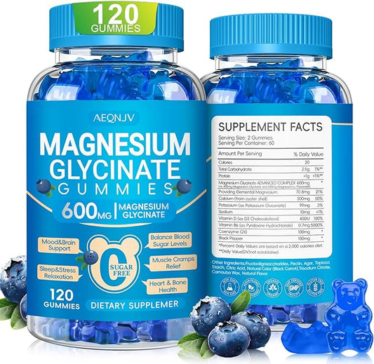 Magnesium Glycinate Gummies 600mg, Chewable Sugar Free Potassium Gummies with Magnesium Glycinate, Vitamin D, B6, and CoQ10 for Calm Support & Sleep for Adults, 60 Days Supply