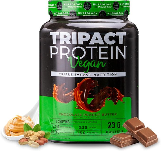 Nutrology TRIPACT Vegan Protein Powder - Vegan Meal Replacement Shakes with Organic Pea, Rice, & Pumpkin, Plant Based Protein Powder, BCAAs & Glutamine, Non-GMO, Chocolate Peanut Butter, 20 Servings
