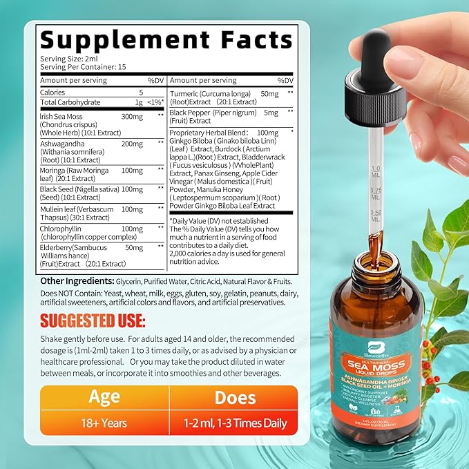 Sea Moss Drops with Black Seed Oil Ashwagandha Turmeric Bladderwrack Burdock & Vitamin C Vitamin D3 with Elderberry Manuka, Chlorophyll