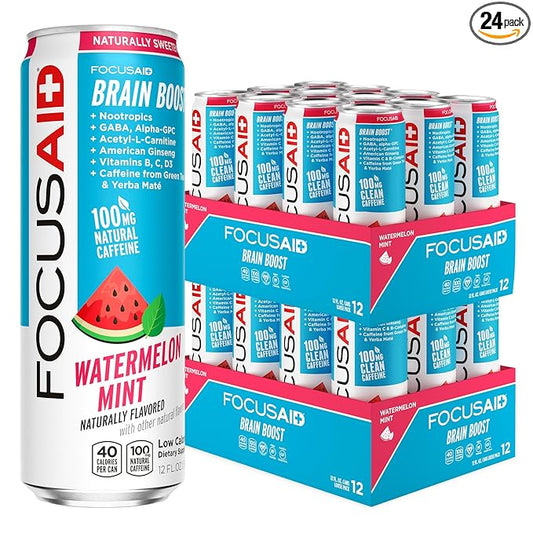 FOCUSAID Energy, Brain Boost Drink, Watermelon Mint, Nootropics, Alpha-GPC, GABA, B-Complex, 100mg Caffeine, Yerba Mate, Green Tea, 100% Clean, No Artificial Sweeteners, 12-oz. cans (Pack of 24)